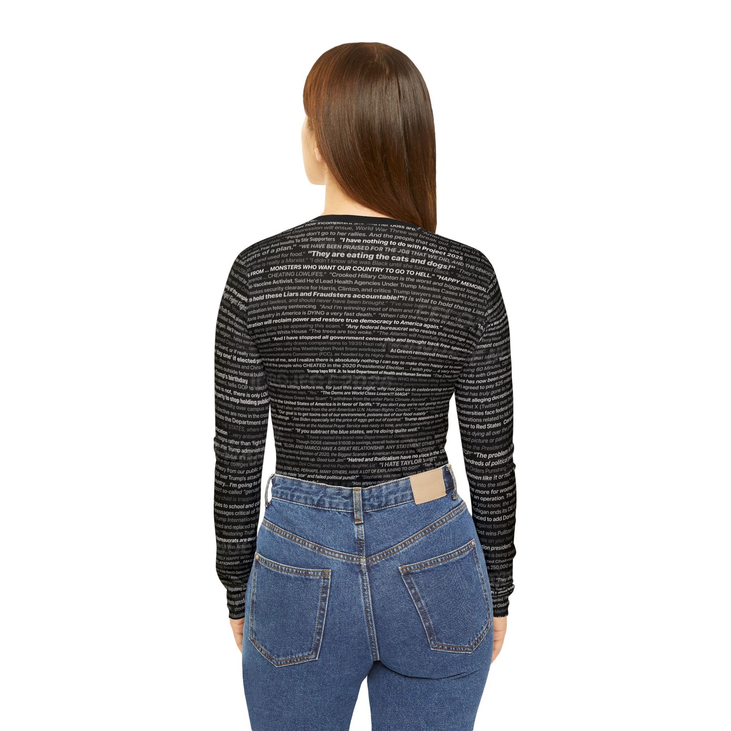 Anti-Trump V-neck Top for Women (black with white script overlaid by, "With Fear For Democracy, I DISSENT")