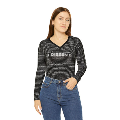 Anti-Trump V-neck Top for Women (black with white script overlaid by, "With Fear For Democracy, I DISSENT")
